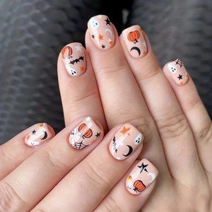 24 Halloween Nails Press On Ghost Pumpkin Black Spider Web Reusable Party